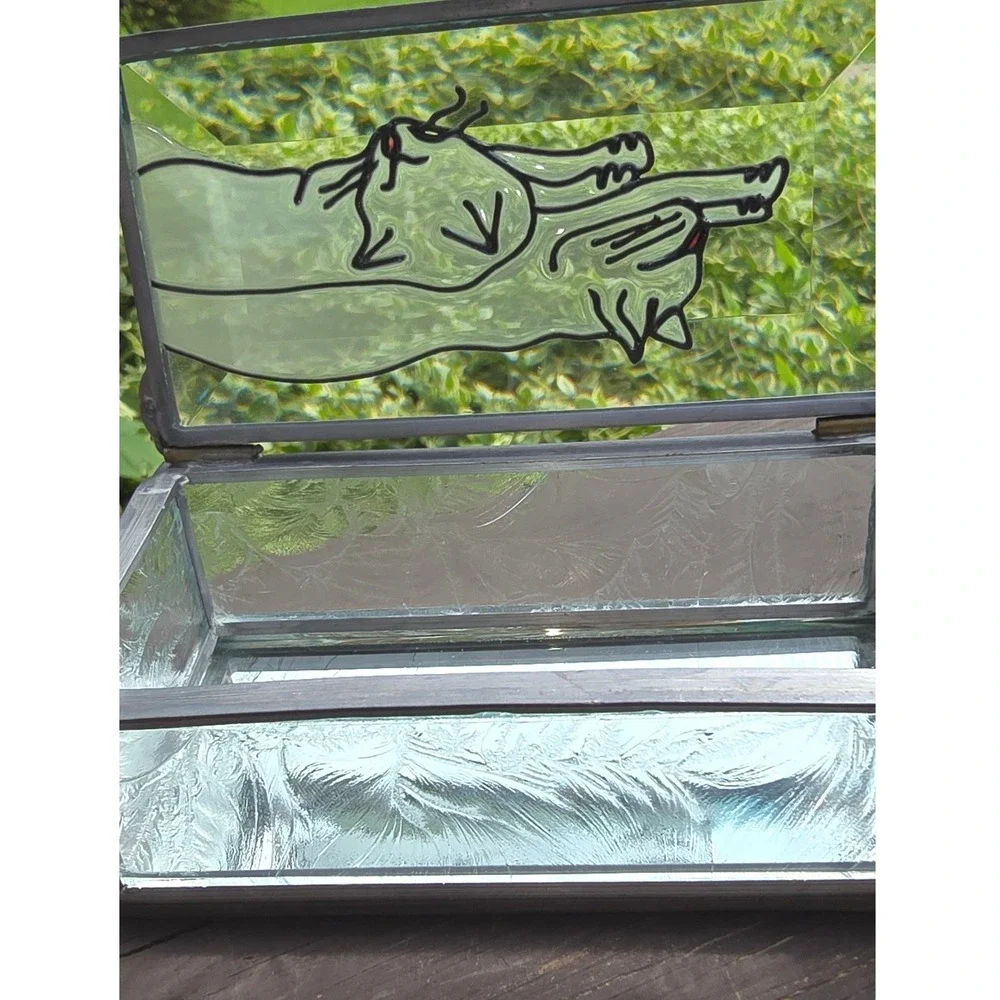 Vintage Stained Glass & Mirrored Sleeping Cats Hinged Trinket Jewelry Box
